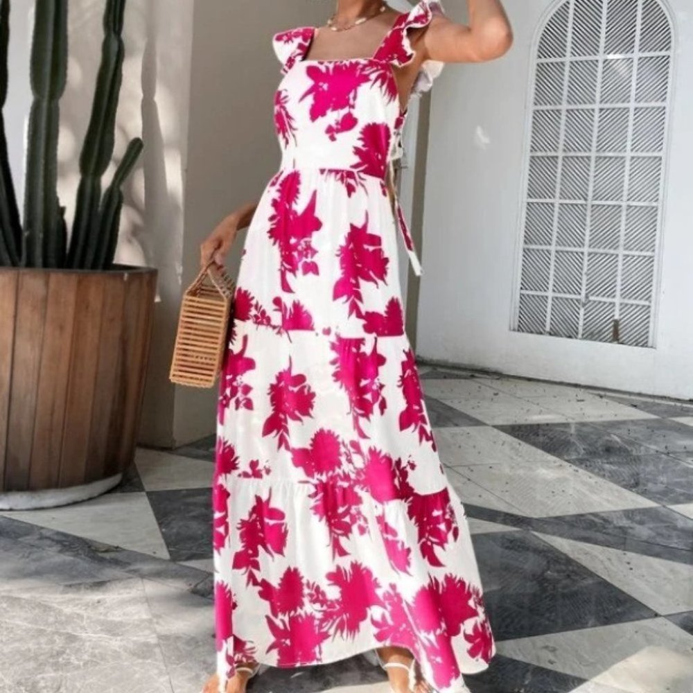 pink floral butterfly sleeve ruffle hem tie back dress - Picture 6 of 8